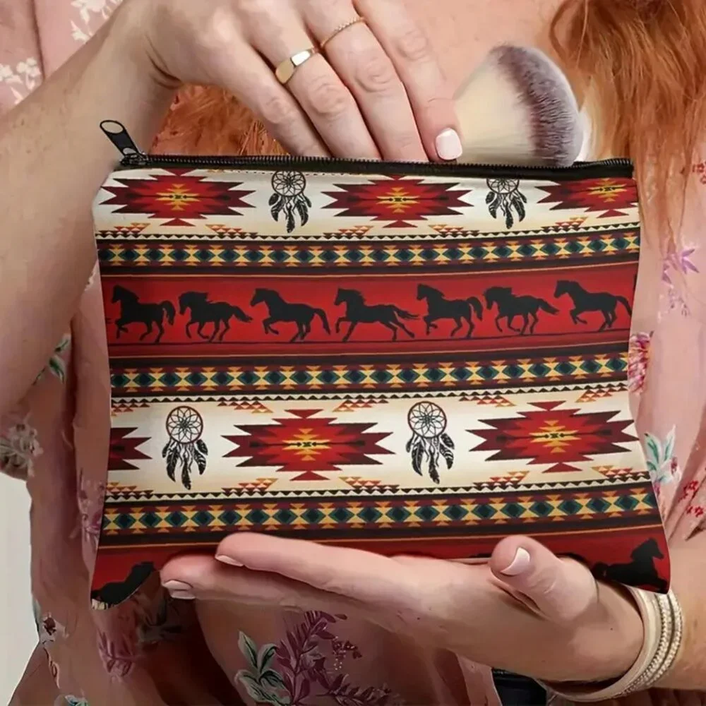 Western Aztec Horse Pattern Bag Dream Catcher Zippered Pouch Makeup Organizer